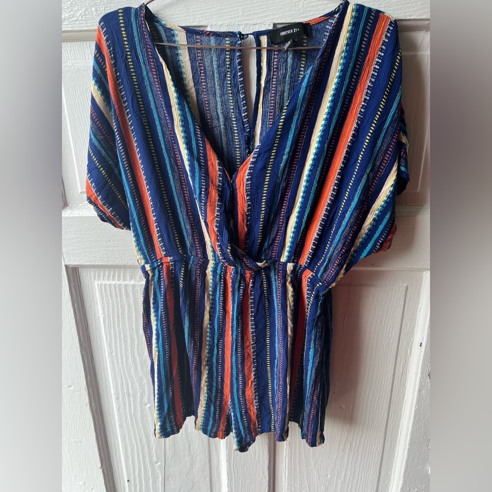 Forever 21 Plus Size Romper with Surplice Neck Blue & Orange Stripes Size 1x